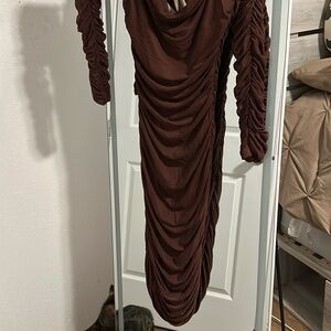 Brown Ruched Bodycon Dress with Cowl Neck